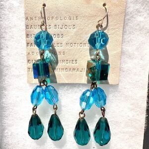 Anthropologie Baubles Bijoux Crystal Beads Blue Dangle Hook Earrings